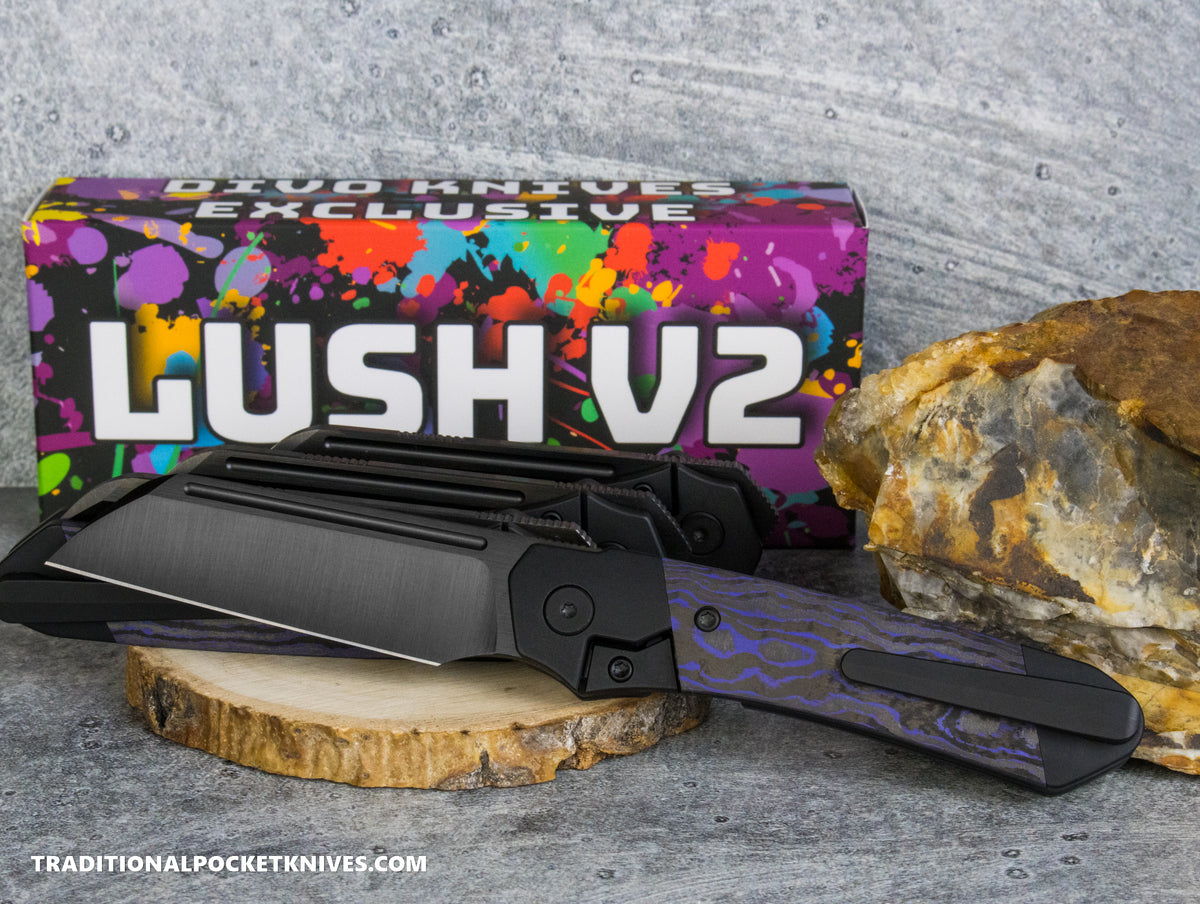 Divo Knives Exclusive Lush V2: Lefty - CamoCarbon Purple Flow Vanax DLC Steel
