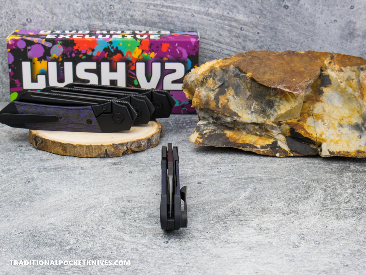 Divo Knives Exclusive Lush V2: Lefty - CamoCarbon Purple Flow Vanax DLC Steel
