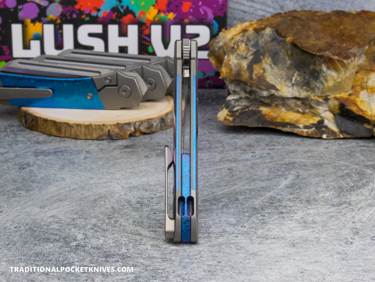 Divo Knives Exclusive Lush V2: Lefty - Blue Crystalized Titanium Vanax Steel