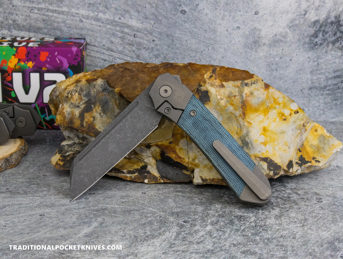 Divo Knives Exclusive Lush V2: Lefty - Blue Denim Micarta Vanax Steel