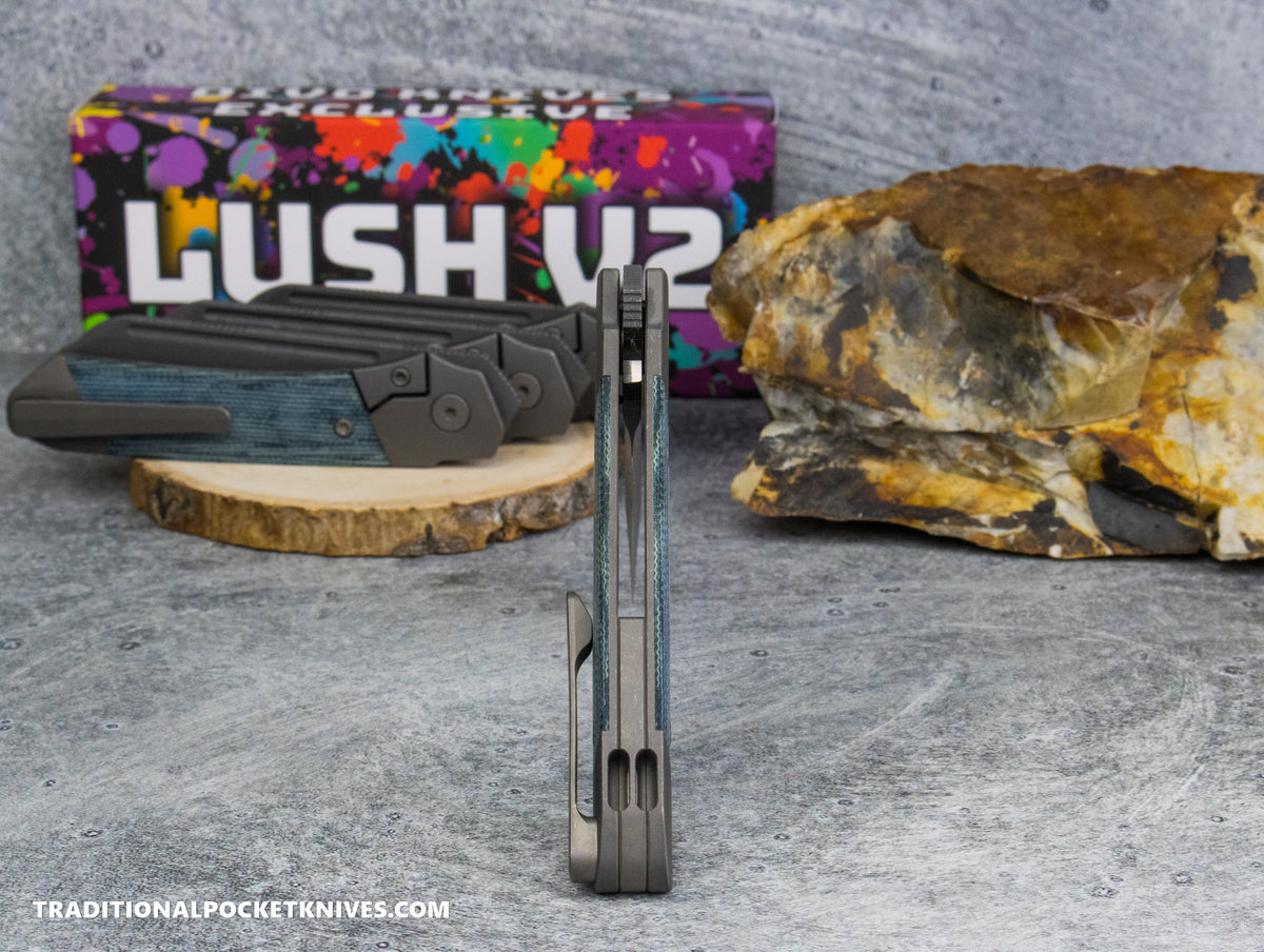 Divo Knives Exclusive Lush V2: Lefty - Blue Denim Micarta Vanax Steel