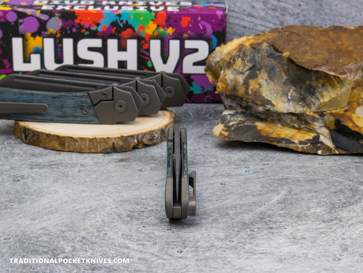 Divo Knives Exclusive Lush V2: Lefty - Blue Denim Micarta Vanax Steel