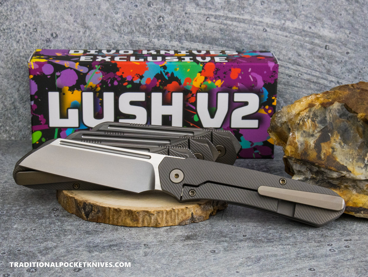 Divo Knives Exclusive Lush V2: Lefty - Full Ti Darkblast Sawcut Vanax Steel