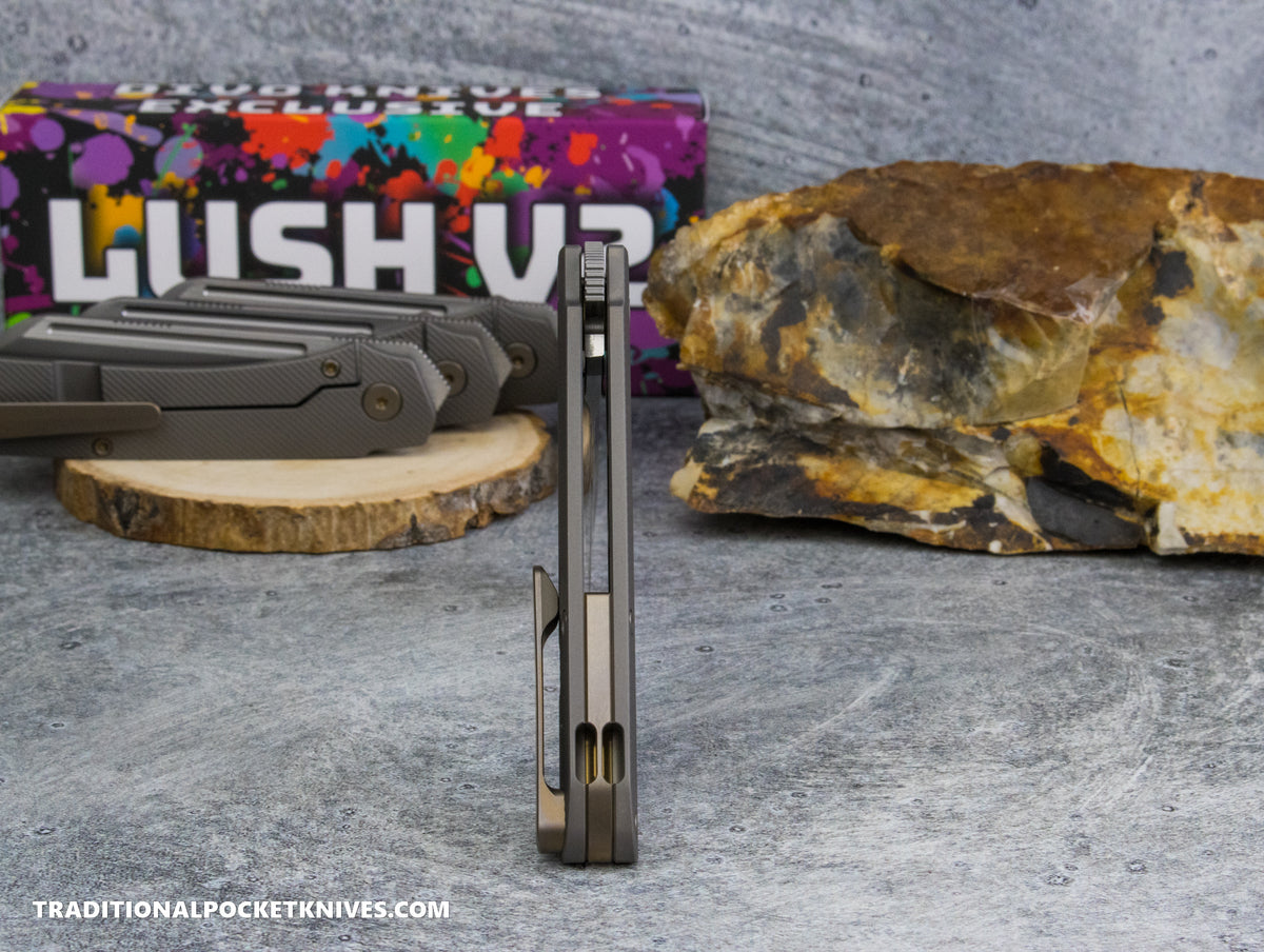 Divo Knives Exclusive Lush V2: Lefty - Full Ti Darkblast Sawcut Vanax Steel