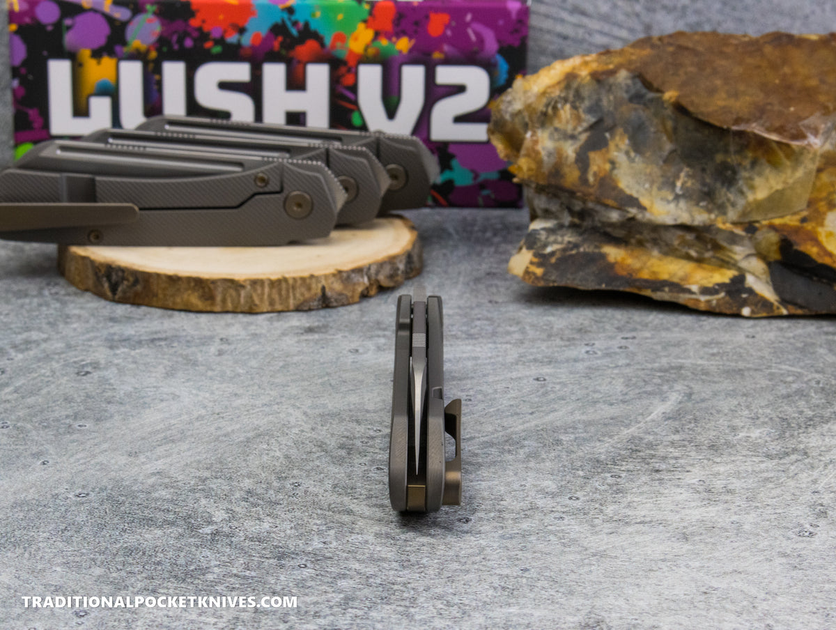 Divo Knives Exclusive Lush V2: Lefty - Full Ti Darkblast Sawcut Vanax Steel