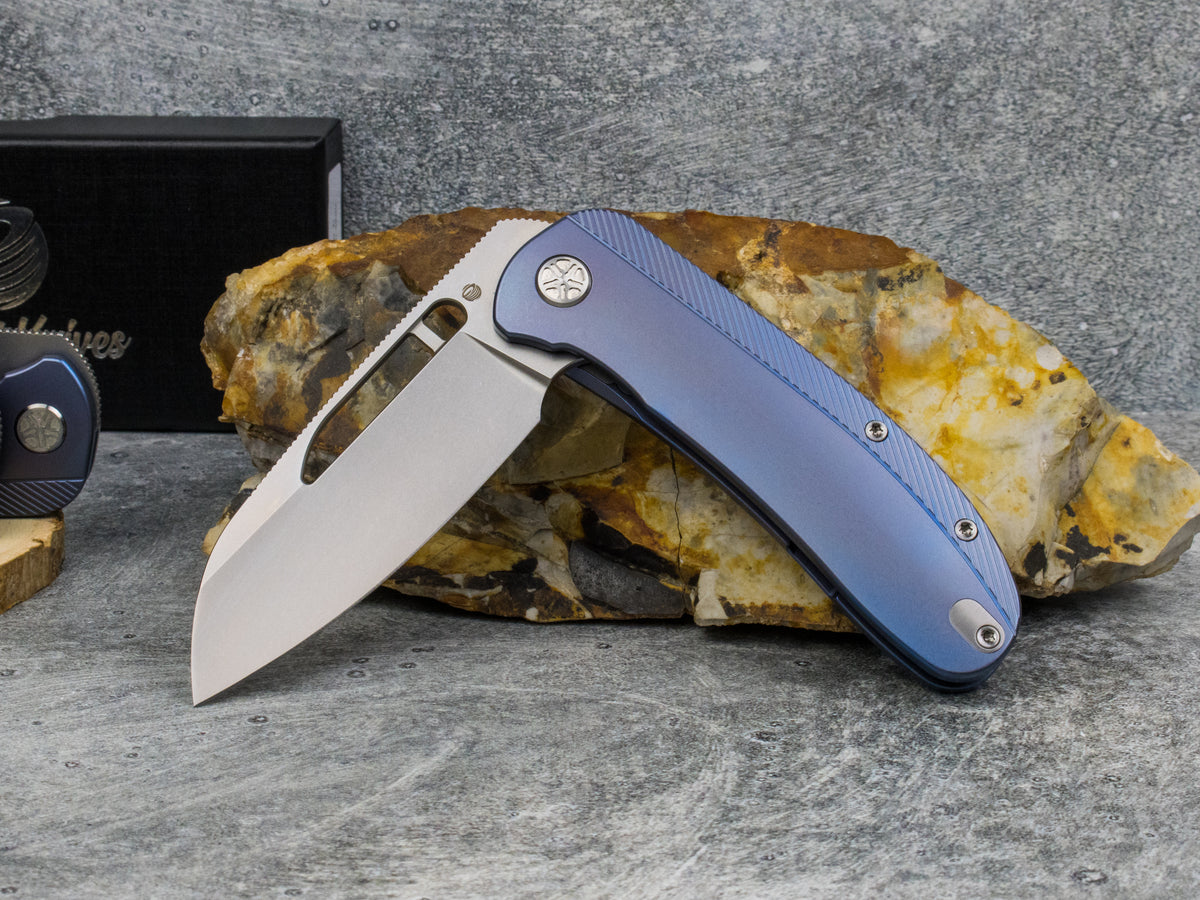Tempest Knives Mach 71: Blue Anodized Titanium Stonewashed S90V