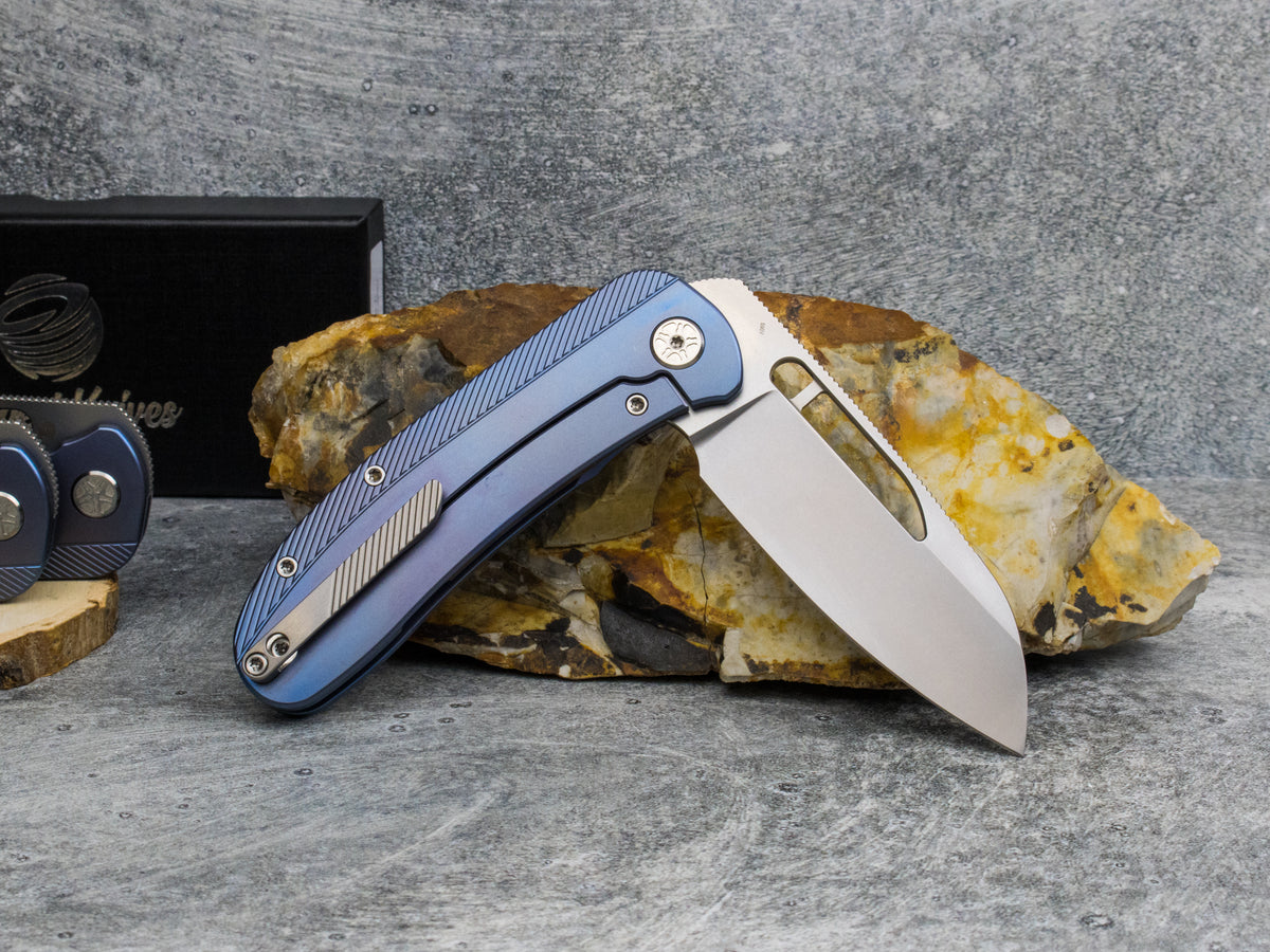 Tempest Knives Mach 71: Blue Anodized Titanium Stonewashed S90V