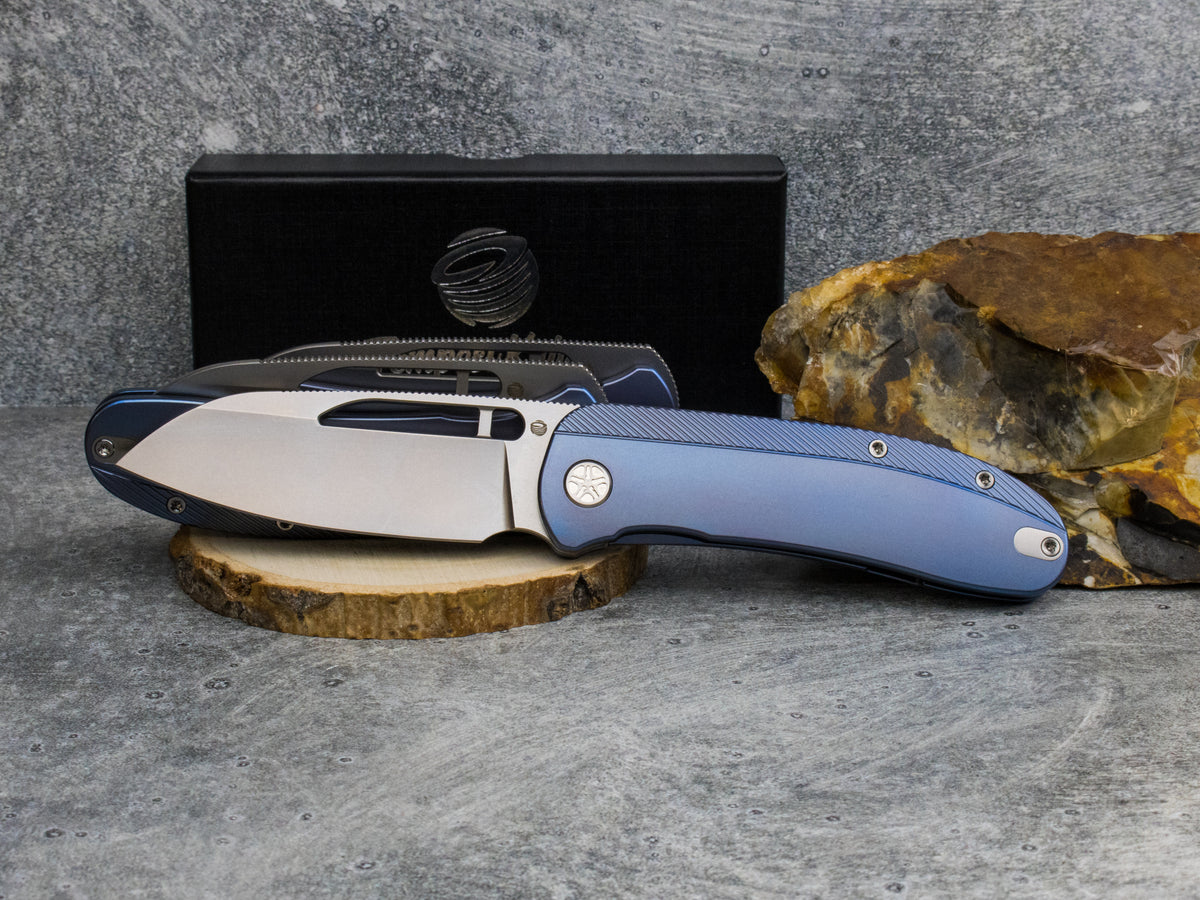 Tempest Knives Mach 71: Blue Anodized Titanium Stonewashed S90V