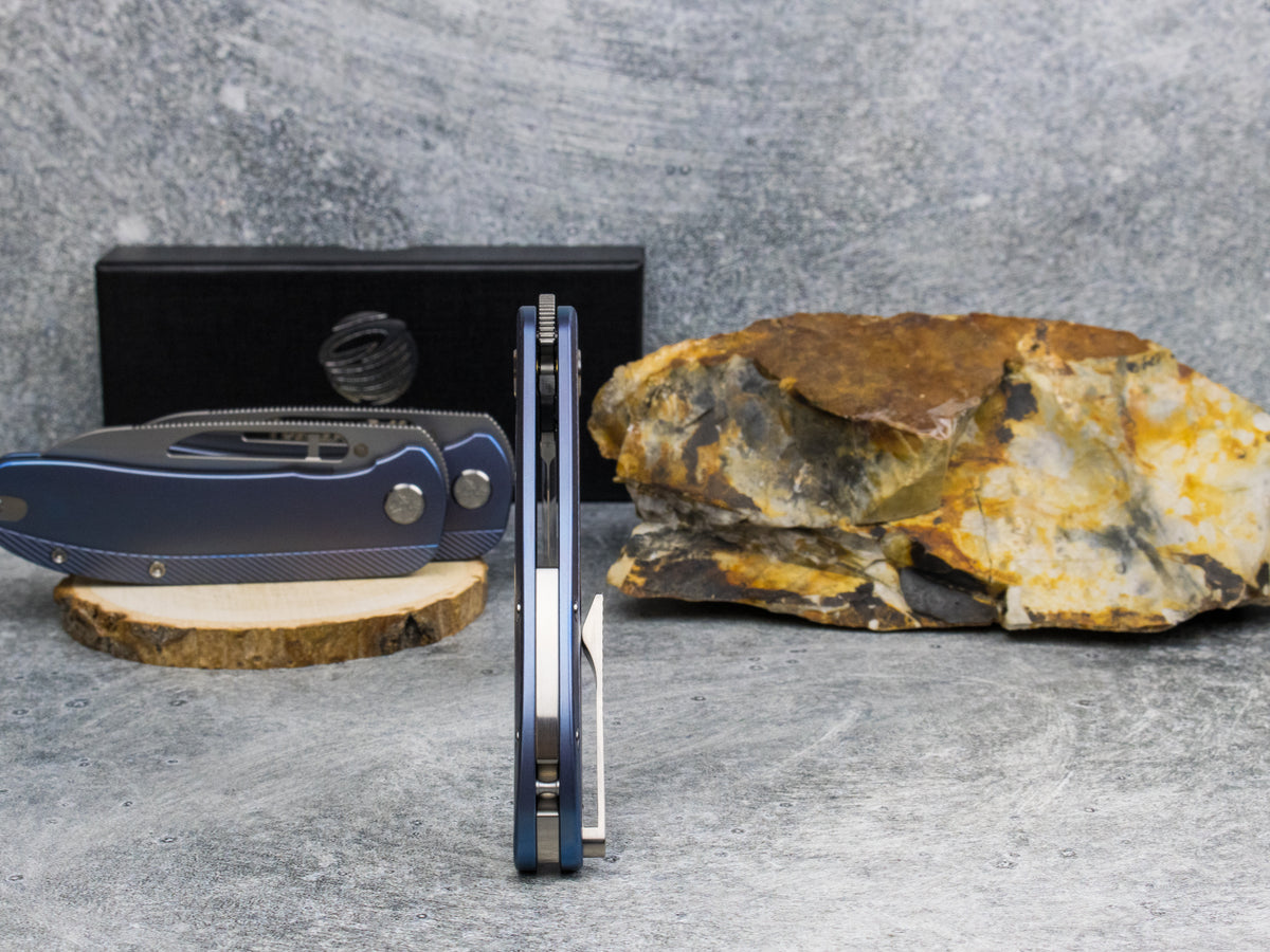 Tempest Knives Mach 71: Blue Anodized Titanium Stonewashed S90V
