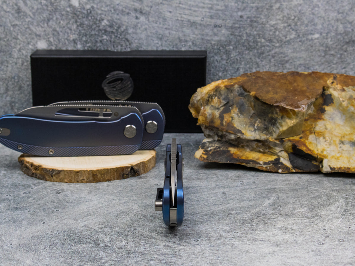 Tempest Knives Mach 71: Blue Anodized Titanium Stonewashed S90V