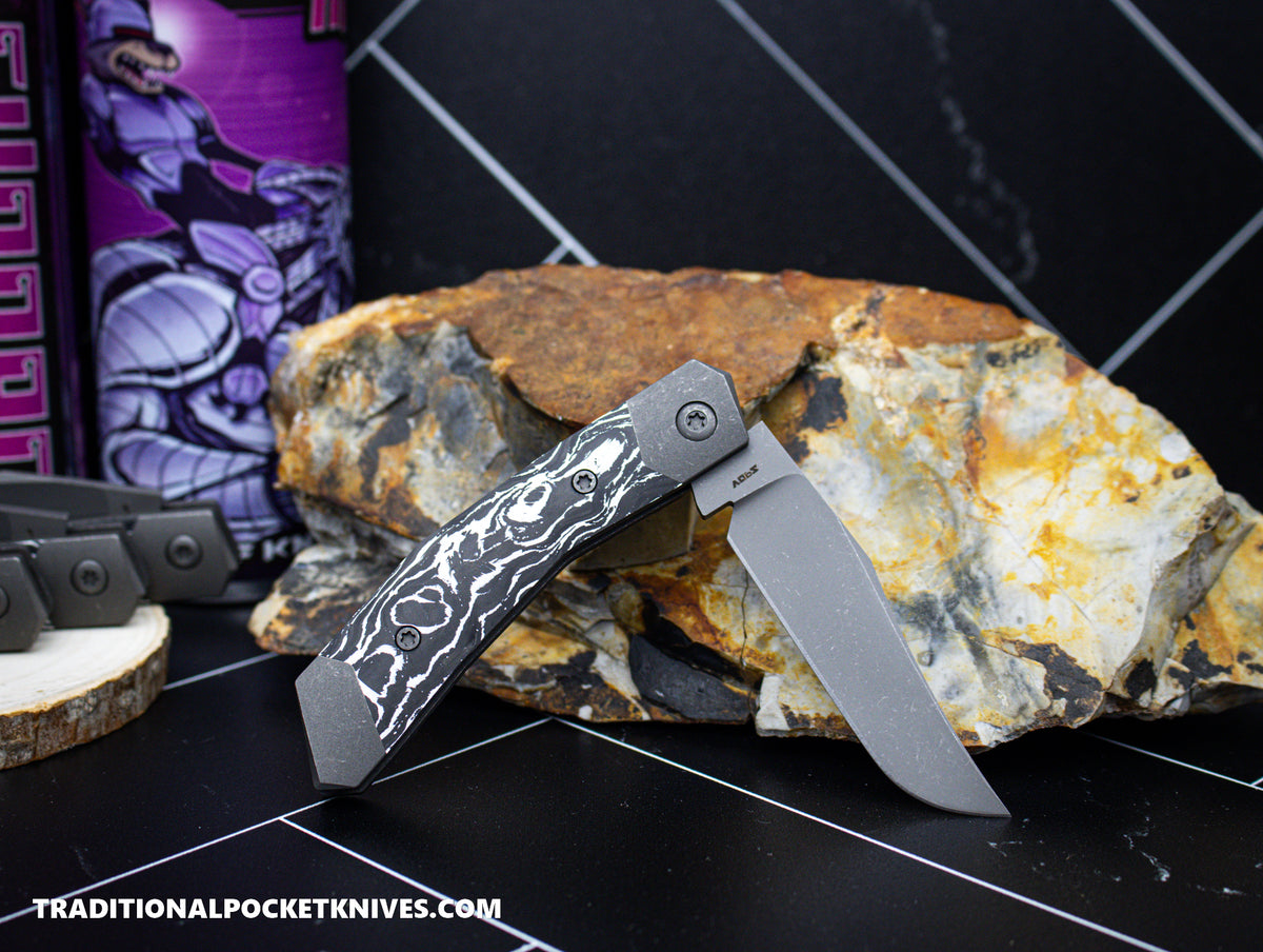 Jack Wolf Knives Mini Cyborg Jack White Marble Carbon Fiber Blast and Tumble