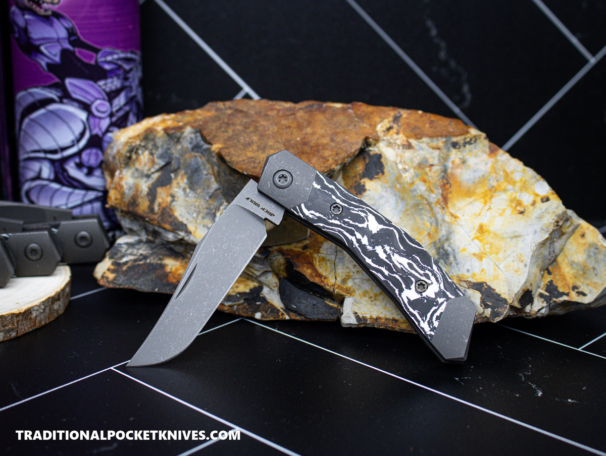 Jack Wolf Knives Mini Cyborg Jack White Marble Carbon Fiber Blast and Tumble