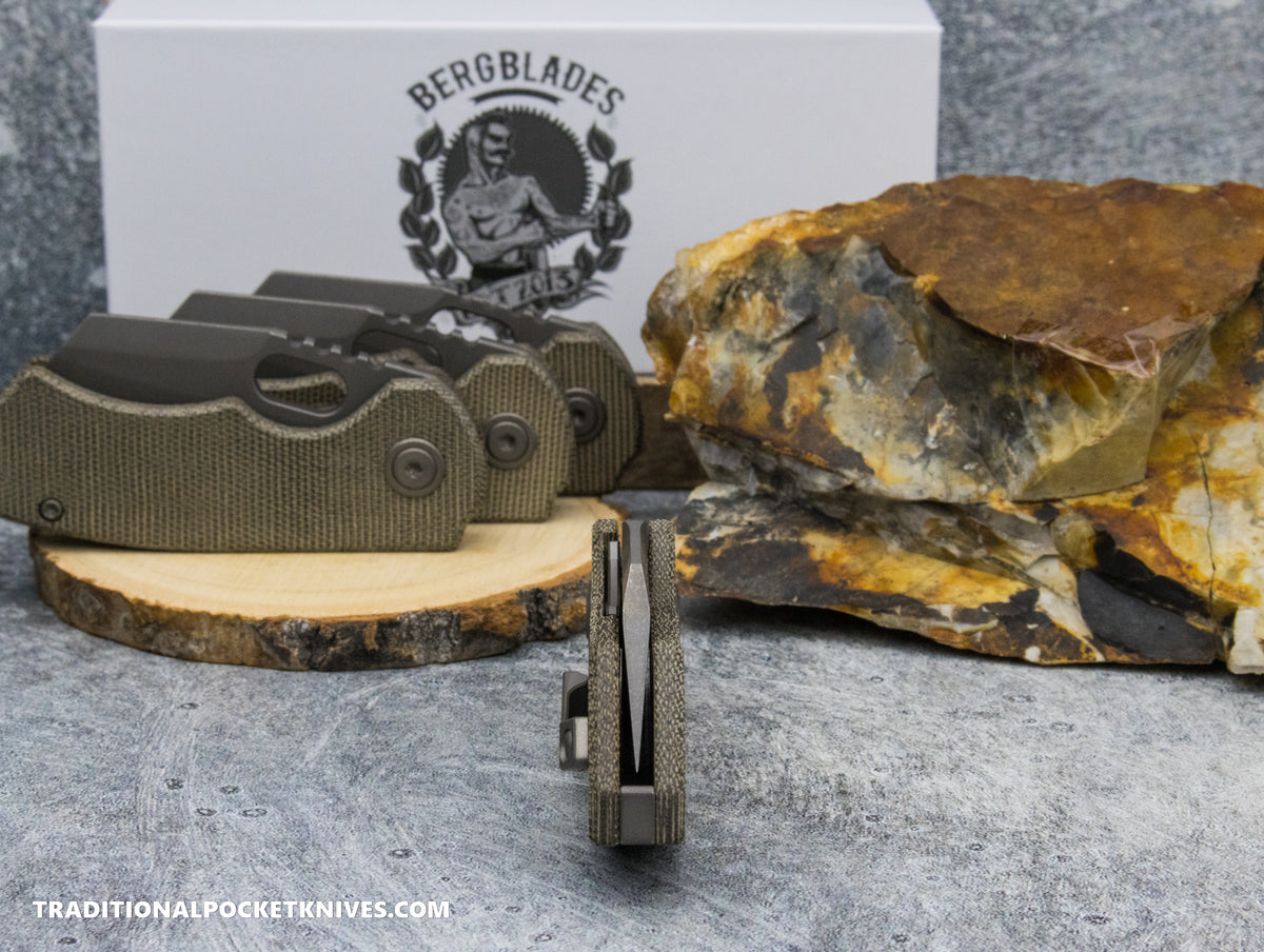 BergBlades Mini SLim 2.0 Green Micarta S90V Dark Sandblast Stonewashed