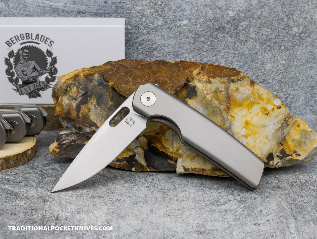 BergBlades Mini Sweeney Full Beadblast Titanium Hand Satin Magnacut