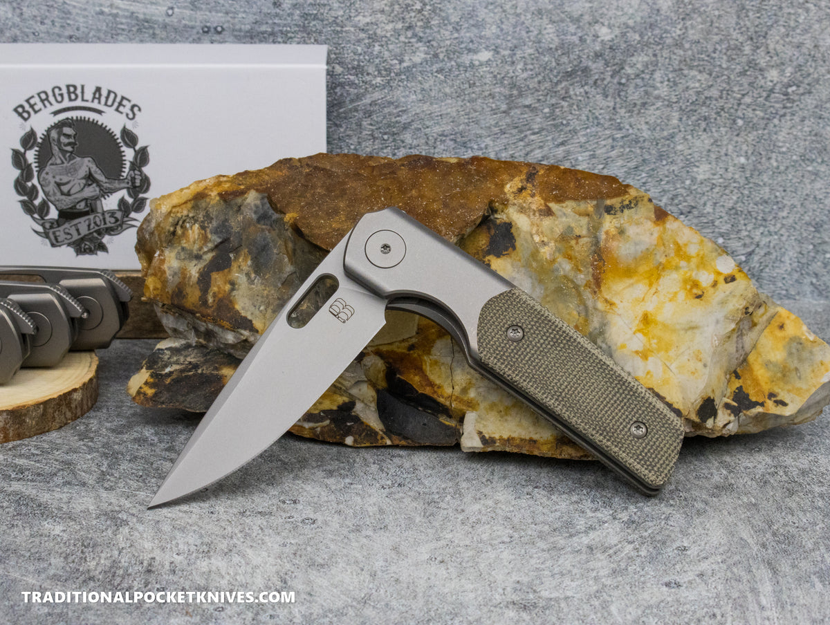 BergBlades Mini Sweeney Green Micarta Light Sandblast and Stonewashed Titanium Light Sandblast and Stonewashed Magnacut
