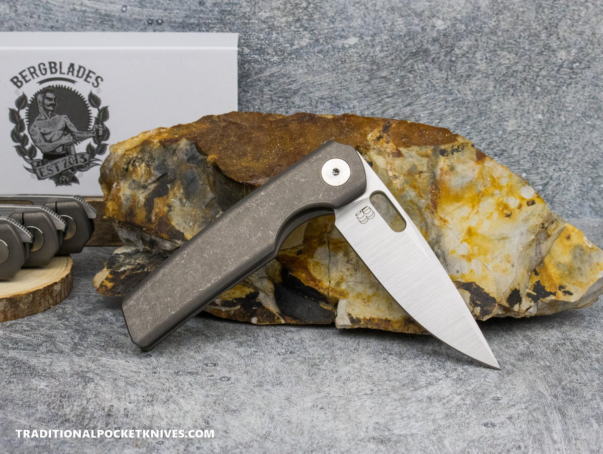 BergBlades Mini Sweeney *LEFTY* Dark Sandblast and Stonewashed Titanium Machine Satin Magnacut