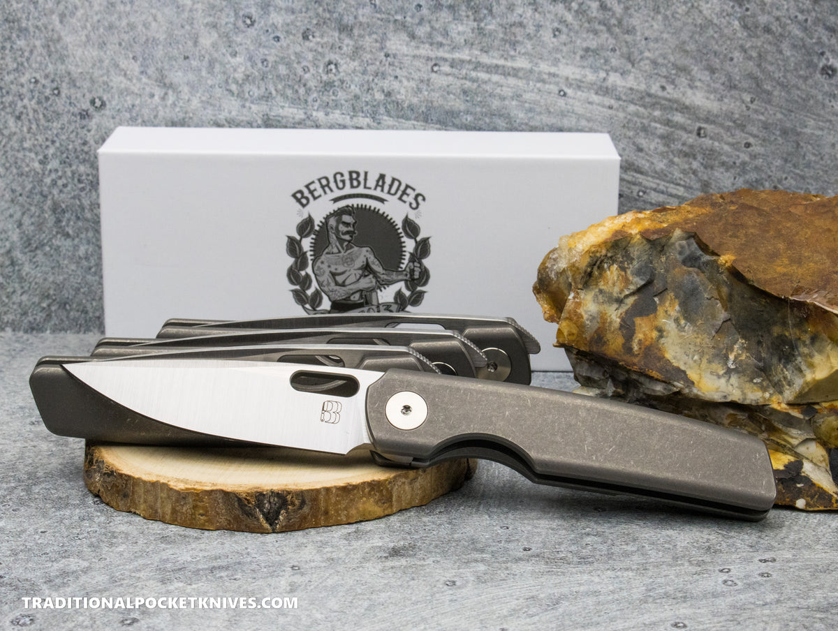 BergBlades Mini Sweeney Full Titanium Dark Sandblast and Stonewashed Belt Satin Magnacut