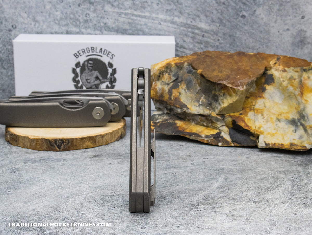 BergBlades Mini Sweeney Full Titanium Dark Sandblast and Stonewashed Belt Satin Magnacut