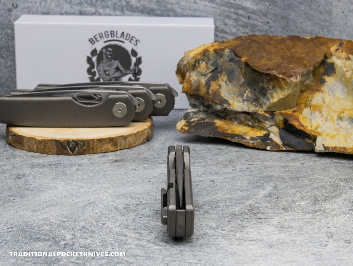 BergBlades Mini Sweeney Full Titanium Dark Sandblast and Stonewashed Belt Satin Magnacut