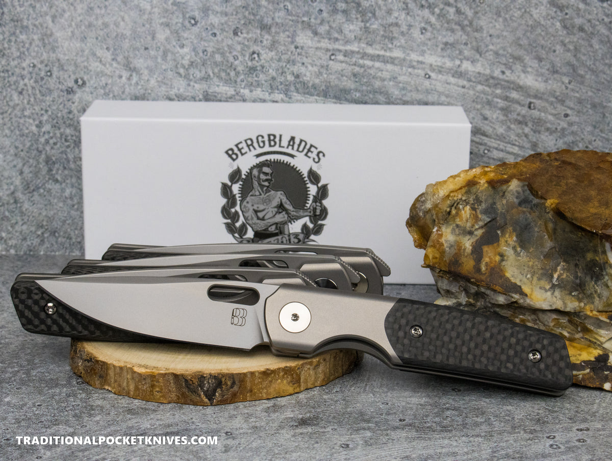 BergBlades Mini Sweeney Carbon Fiber Bead Blast Titanium Sandblast and Stonewashed Magnacut
