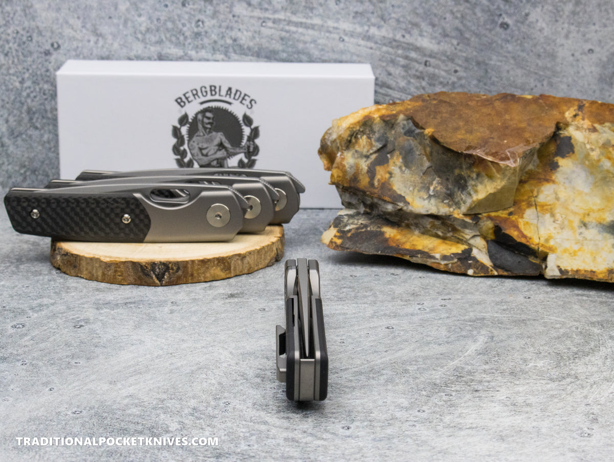 BergBlades Mini Sweeney Carbon Fiber Bead Blast Titanium Sandblast and Stonewashed Magnacut