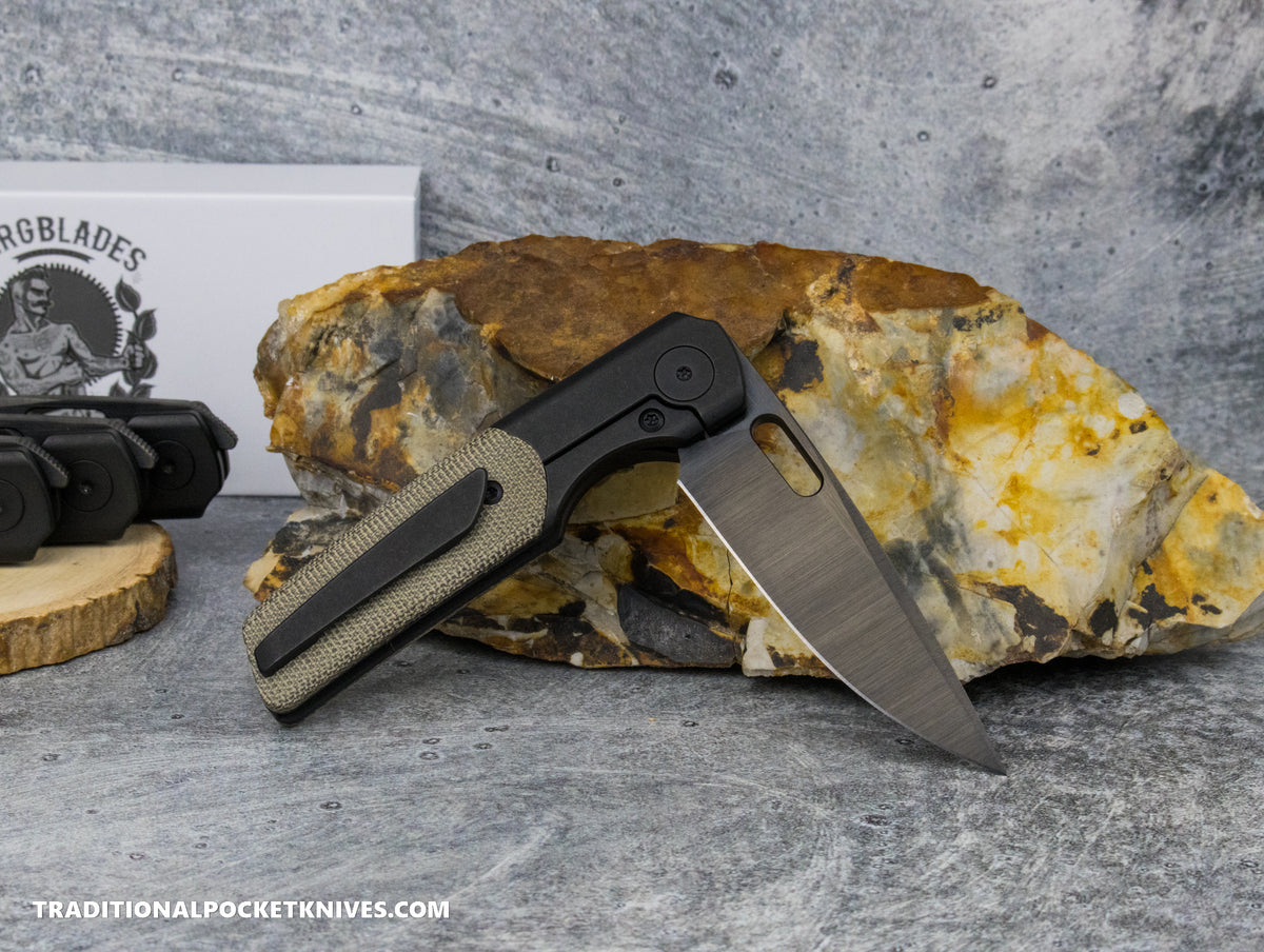 BergBlades Mini Sweeney Green Micarta DLC Titanium Satin and Bright DLC Magnacut