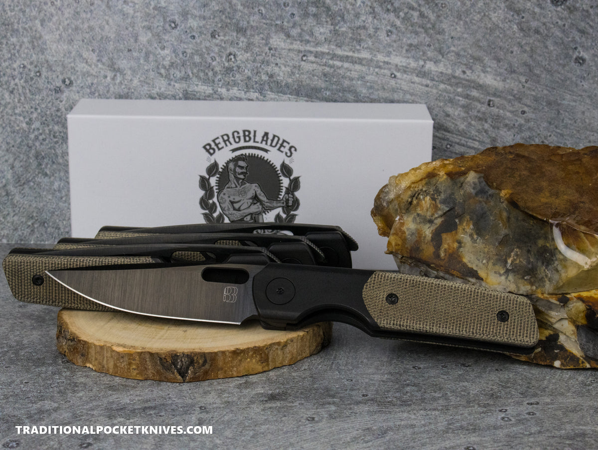 BergBlades Mini Sweeney Green Micarta DLC Titanium Satin and Bright DLC Magnacut