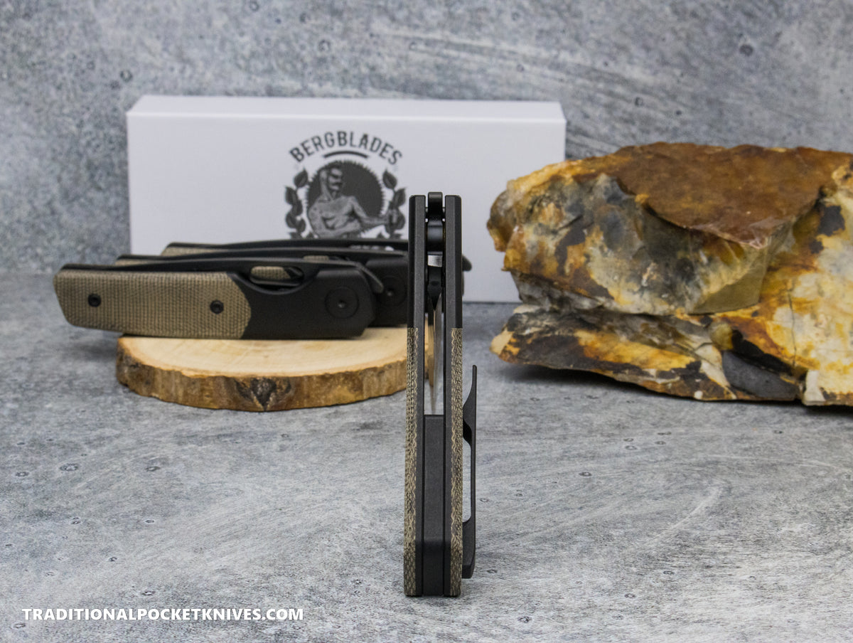 BergBlades Mini Sweeney Green Micarta DLC Titanium Satin and Bright DLC Magnacut