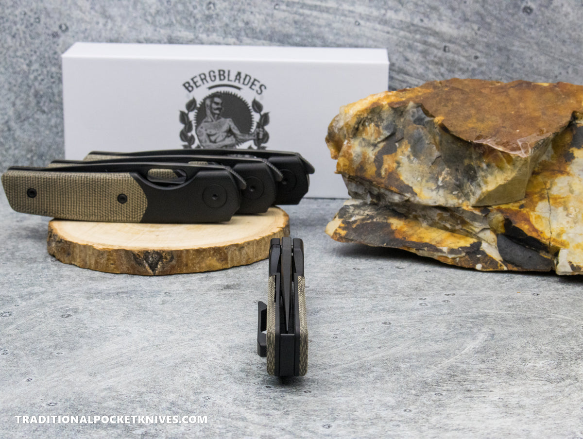 BergBlades Mini Sweeney Green Micarta DLC Titanium Satin and Bright DLC Magnacut