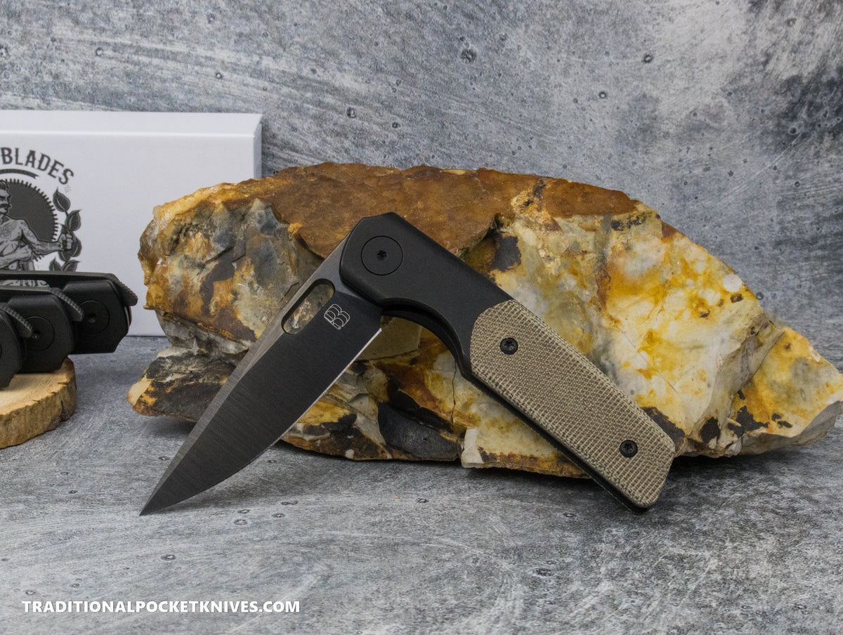 BergBlades Mini Sweeney Green Micarta DLC Titanium Satin and Bright DLC Magnacut