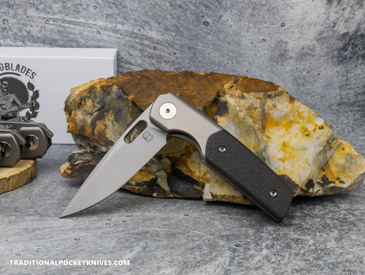 BergBlades Mini Sweeney Carbon Fiber Bead Blast Titanium Sandblast and Stonewashed Magnacut