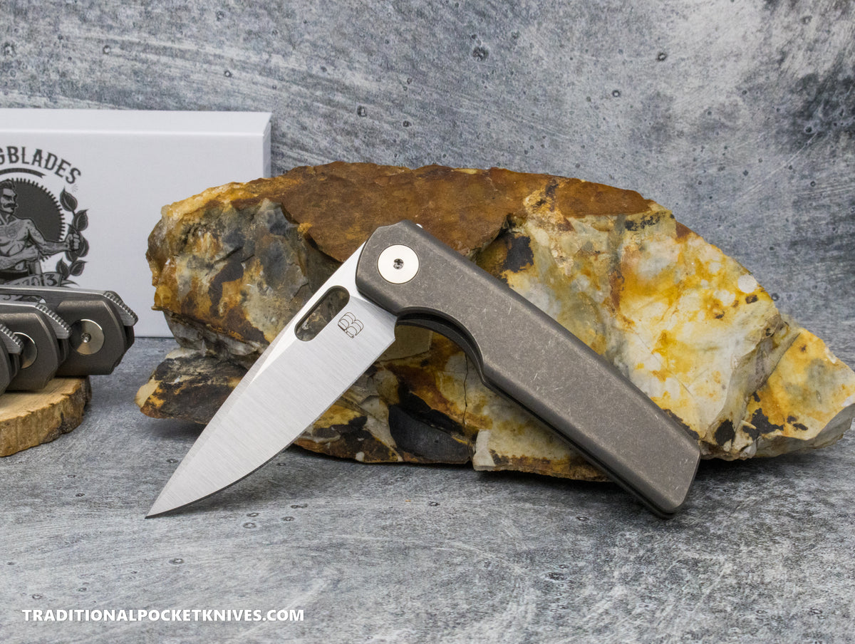 BergBlades Mini Sweeney Full Titanium Dark Sandblast and Stonewashed Belt Satin Magnacut