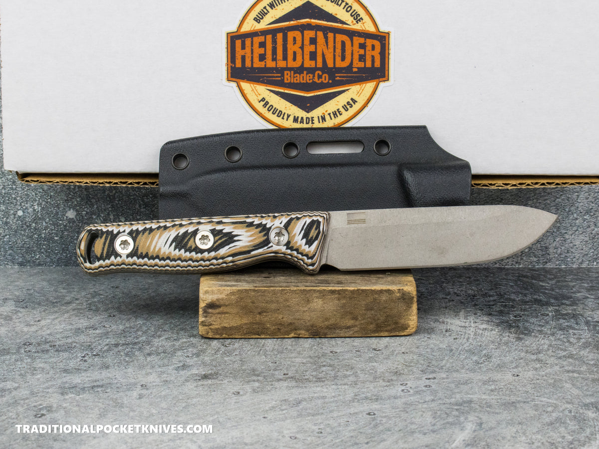 Hellbender Blade Co. Mudpup 4 - Multicolored G10 Tumbled Magnacut Kydex Sheath