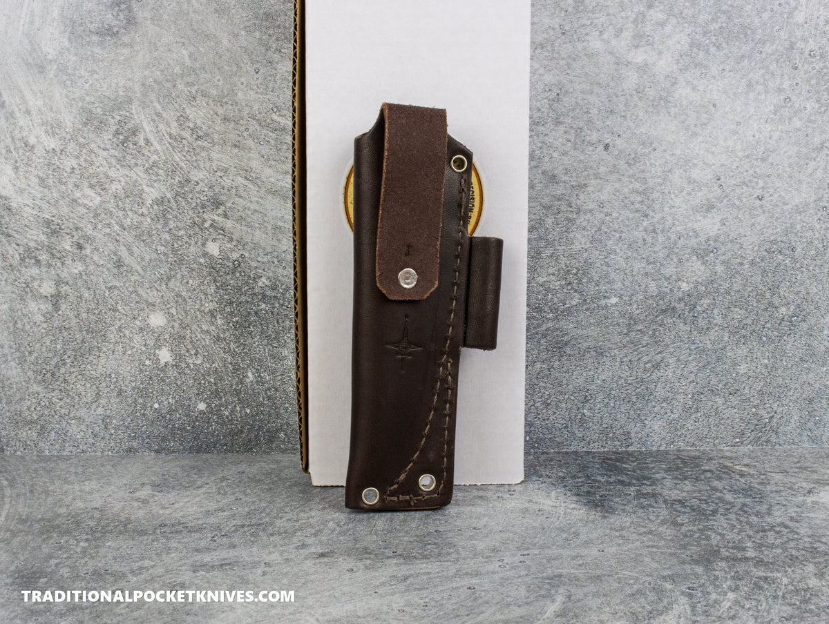 Hellbender Blade Co. Mudpup 4 - Multicolored G10 Tumbled Magnacut Leather Sheath