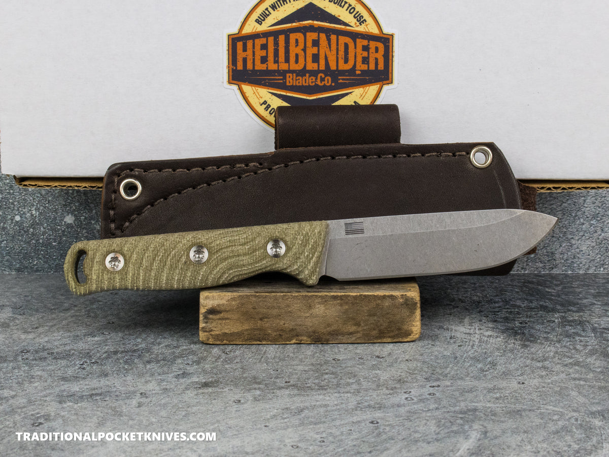Hellbender Blade Co. Mudpup 4 - OD Micarta Tumbled Magnacut Leather Sheath