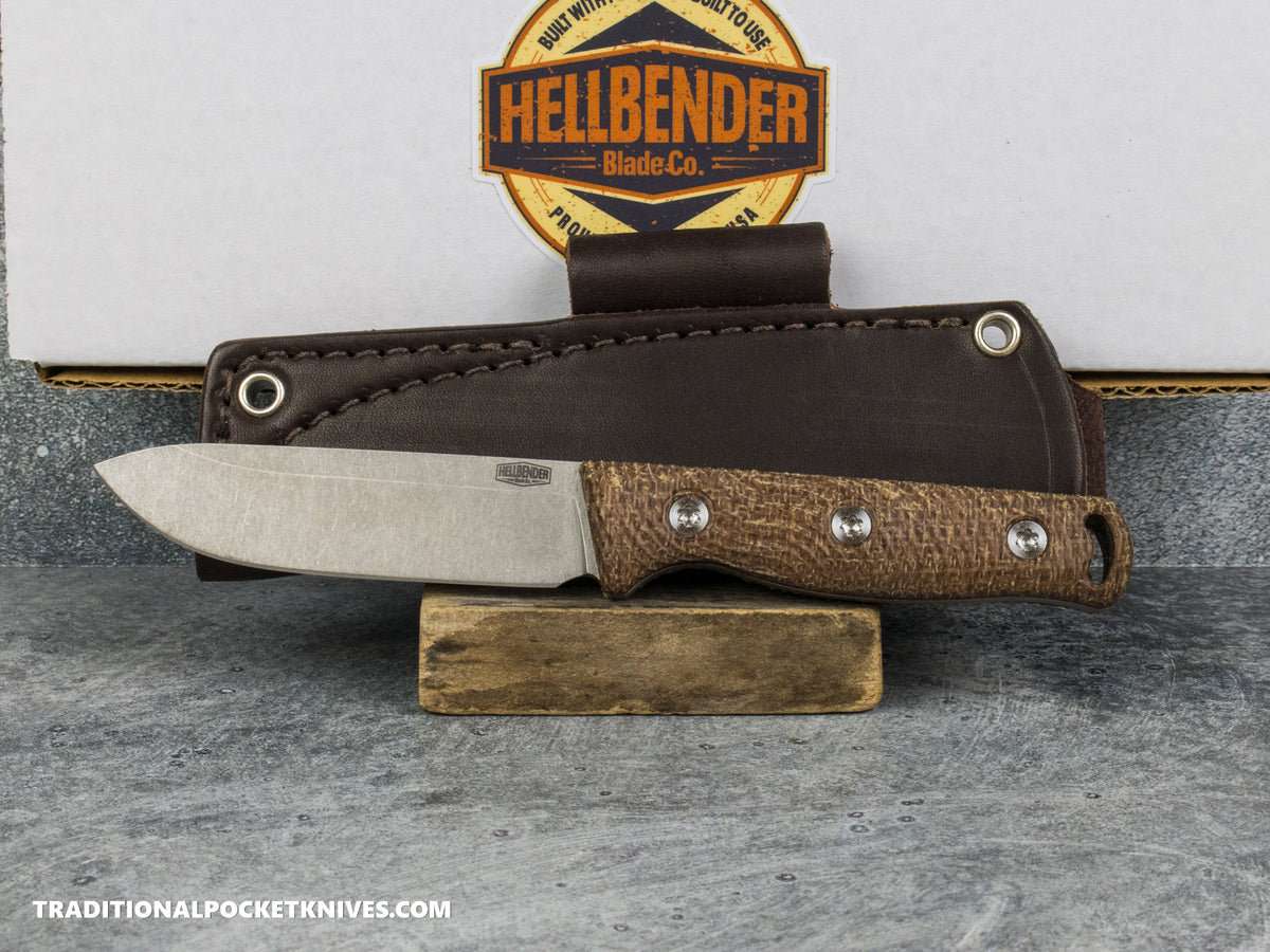 Hellbender Blade Co. Mudpup 4 - Burlap Micarta Tumbled Magnacut Leather Sheath