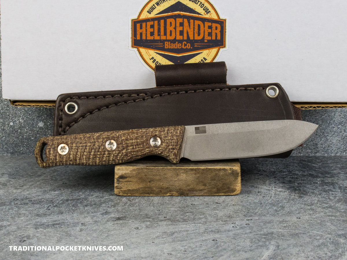 Hellbender Blade Co. Mudpup 4 - Burlap Micarta Tumbled Magnacut Leather Sheath