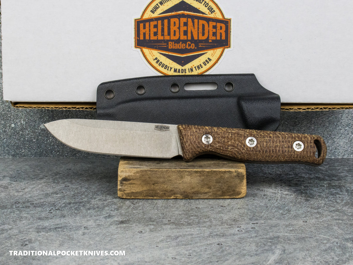 Hellbender Blade Co. Mudpup 4 - Burlap Micarta Tumbled Magnacut Kydex Sheath