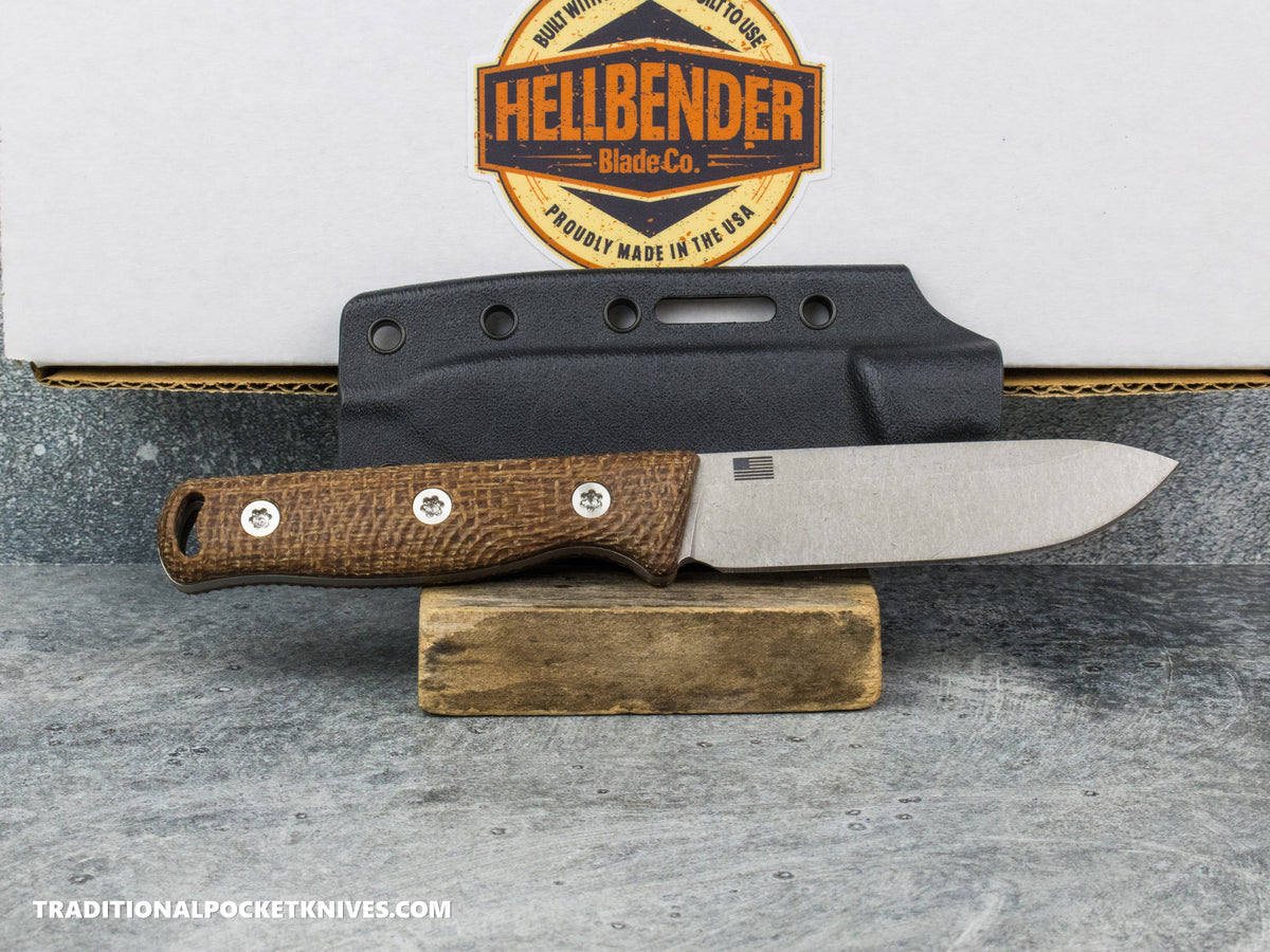 Hellbender Blade Co. Mudpup 4 - Burlap Micarta Tumbled Magnacut Kydex Sheath