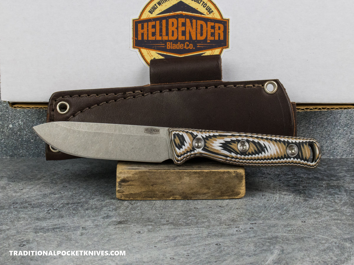 Hellbender Blade Co. Mudpup 4 - Multicolored G10 Tumbled Magnacut Leather Sheath