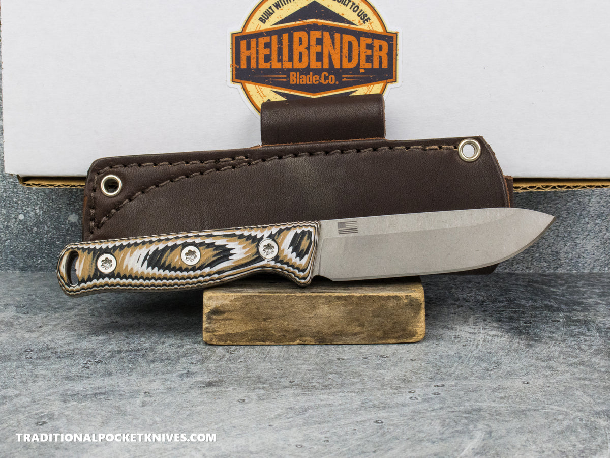 Hellbender Blade Co. Mudpup 4 - Multicolored G10 Tumbled Magnacut Leather Sheath