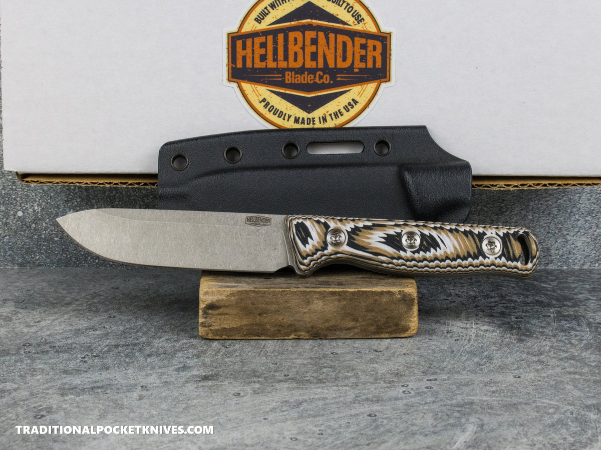 Hellbender Blade Co. Mudpup 4 - Multicolored G10 Tumbled Magnacut Kydex Sheath