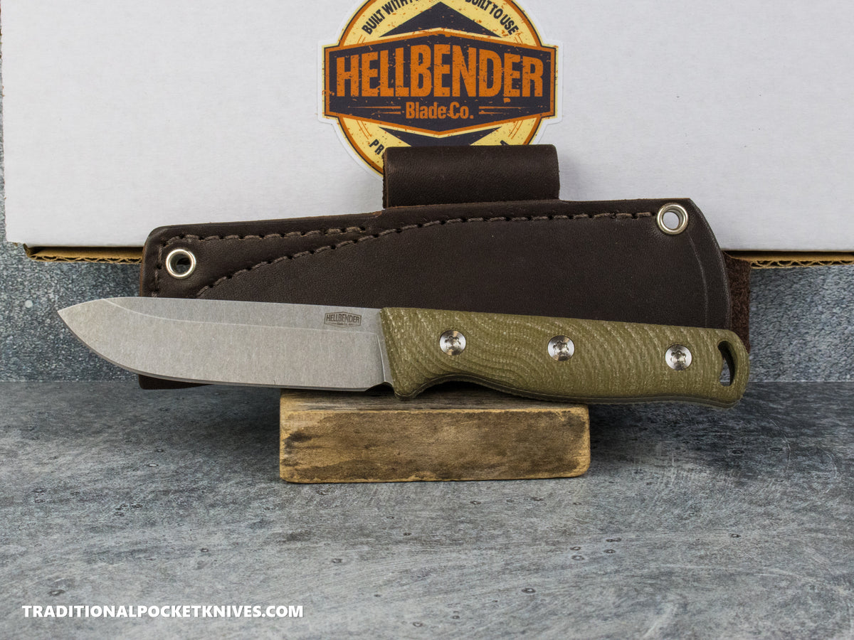 Hellbender Blade Co. Mudpup 4 - OD Micarta Tumbled Magnacut Leather Sheath