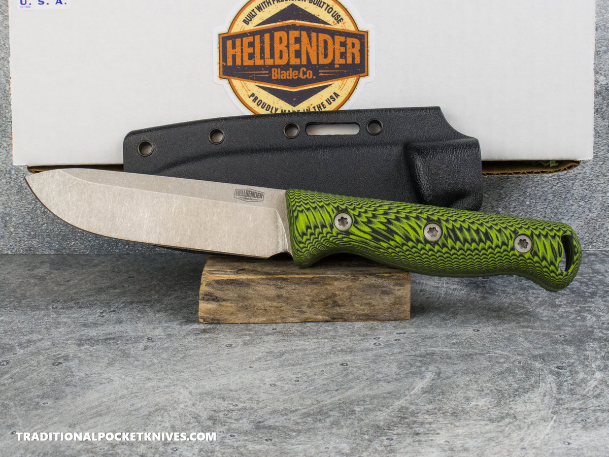 Hellbender Blade Co. Mudpup 5 Gen2 - Lime/Black G10 Stonewashed Magnacut