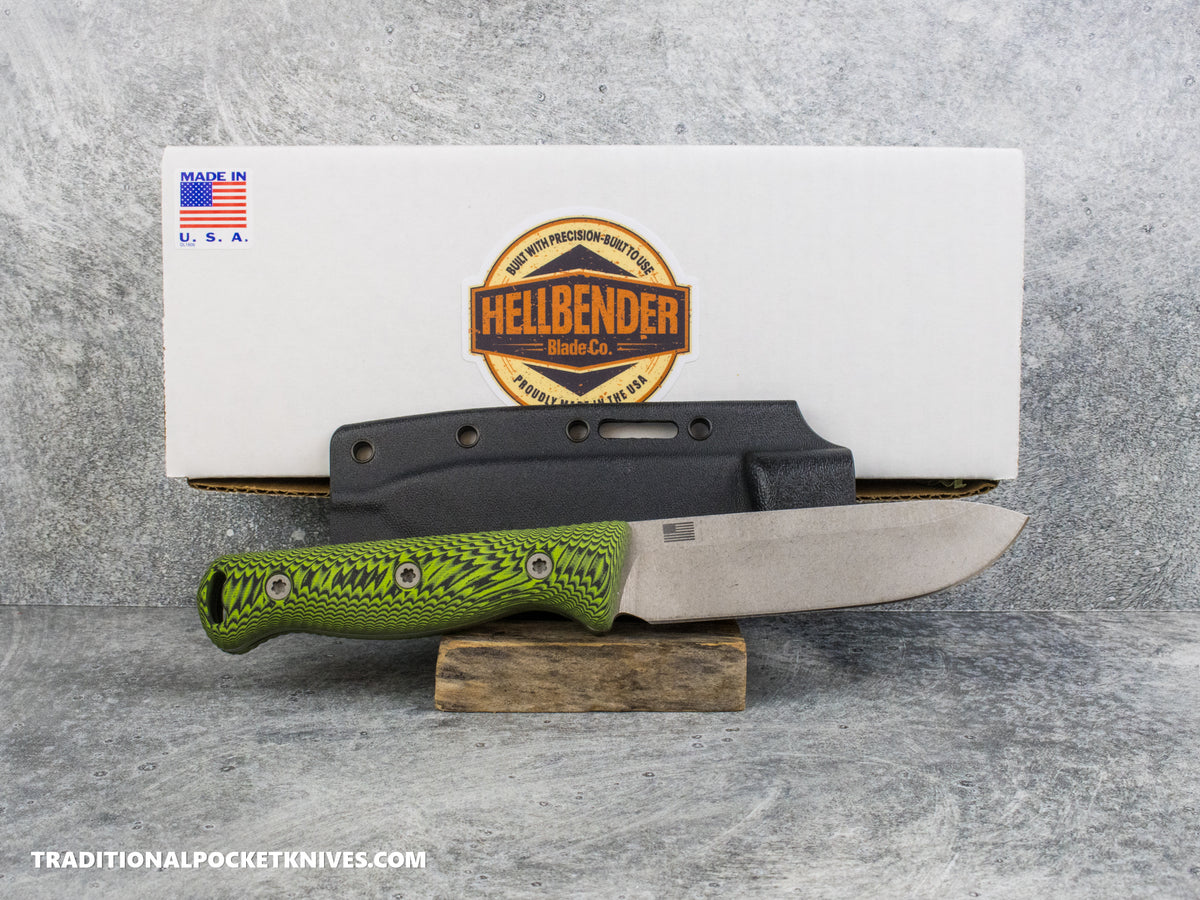 Hellbender Blade Co. Mudpup 5 Gen2 - Lime/Black G10 Stonewashed Magnacut