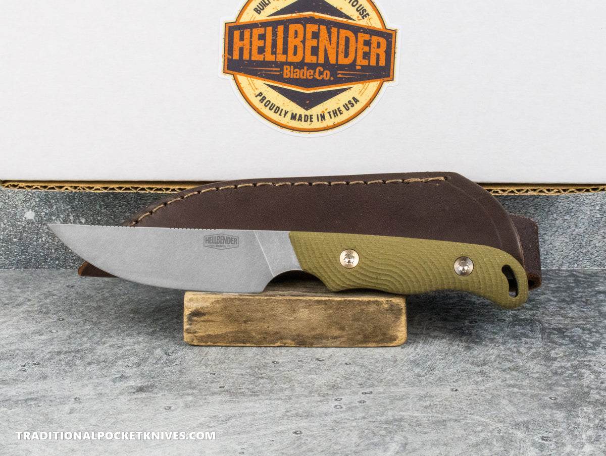 Hellbender Blade Co. Outfitter - OD Green Micarta Tumbled Magnacut