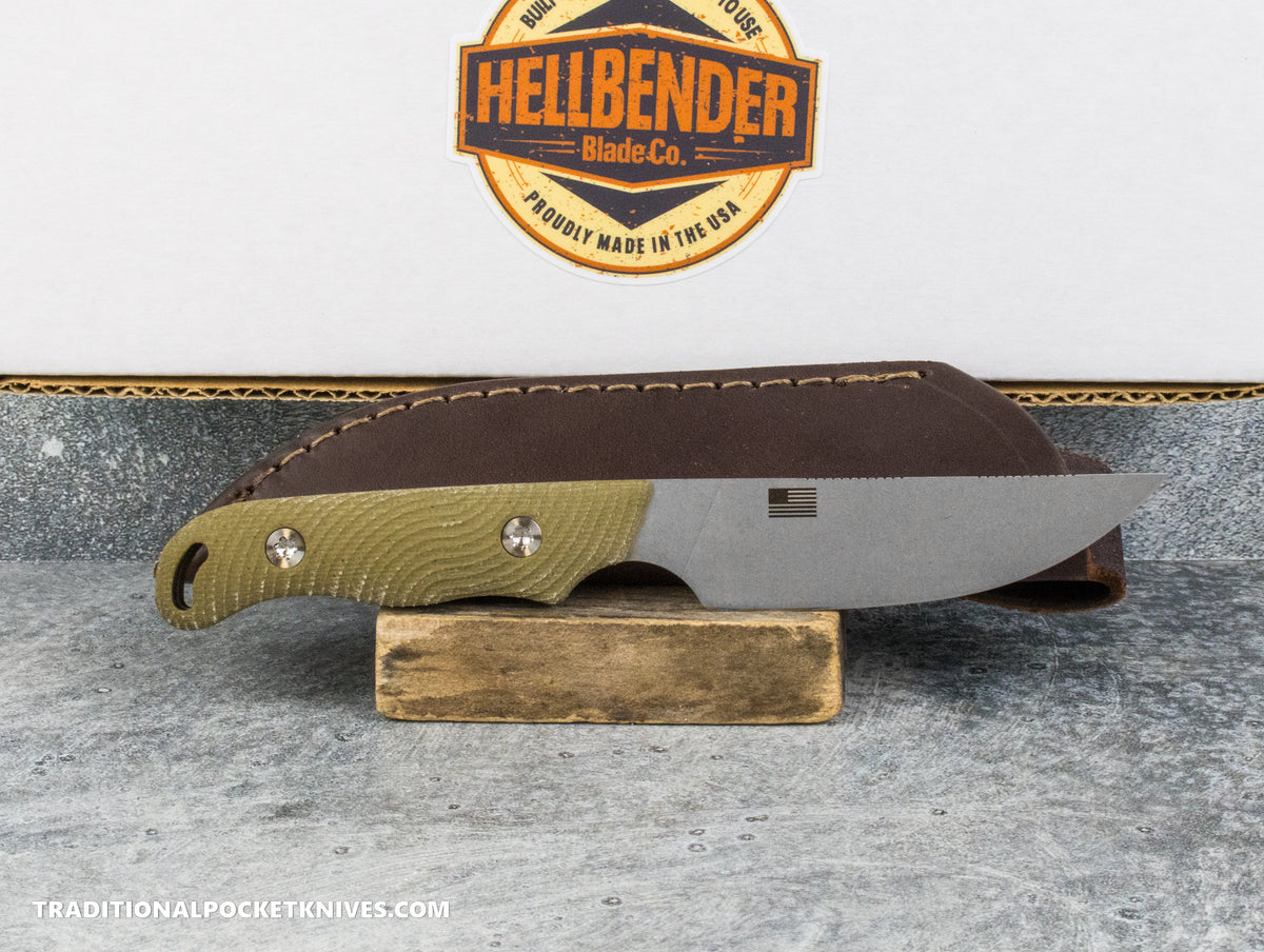 Hellbender Blade Co. Outfitter - OD Green Micarta Tumbled Magnacut
