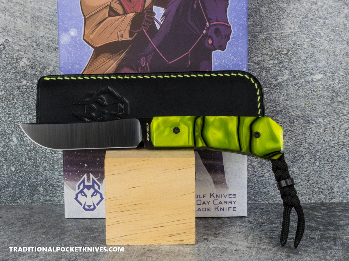 Jack Wolf Knives Pioneer FIXedc Kirinite Toxic Green Belt Satin DLC #4