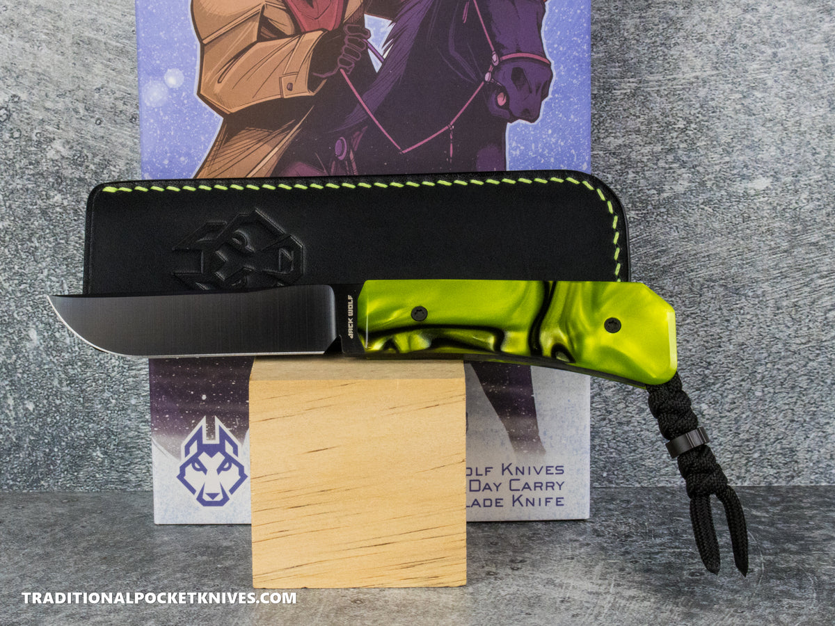 Jack Wolf Knives Pioneer FIXedc Kirinite Toxic Green Belt Satin DLC #5