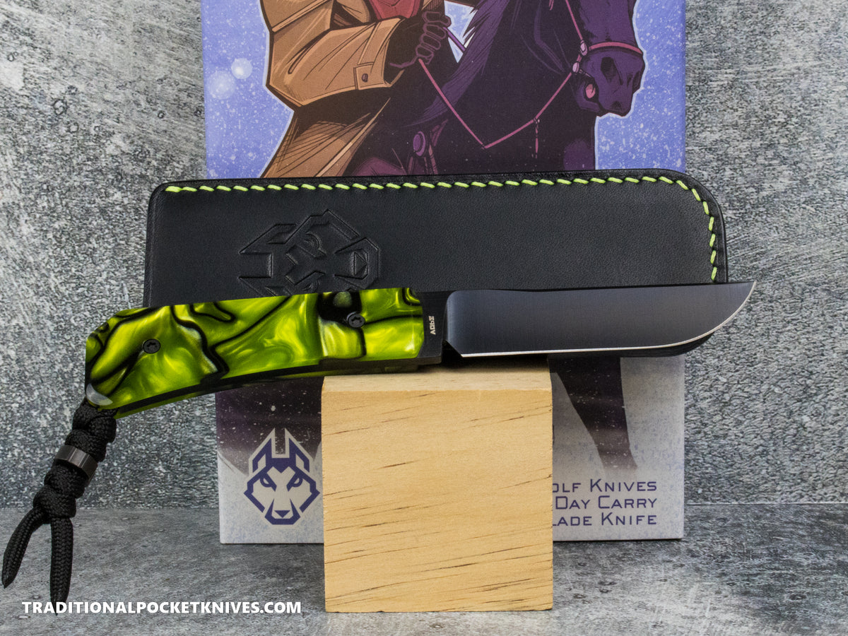 Jack Wolf Knives Pioneer FIXedc Kirinite Toxic Green Belt Satin DLC #5